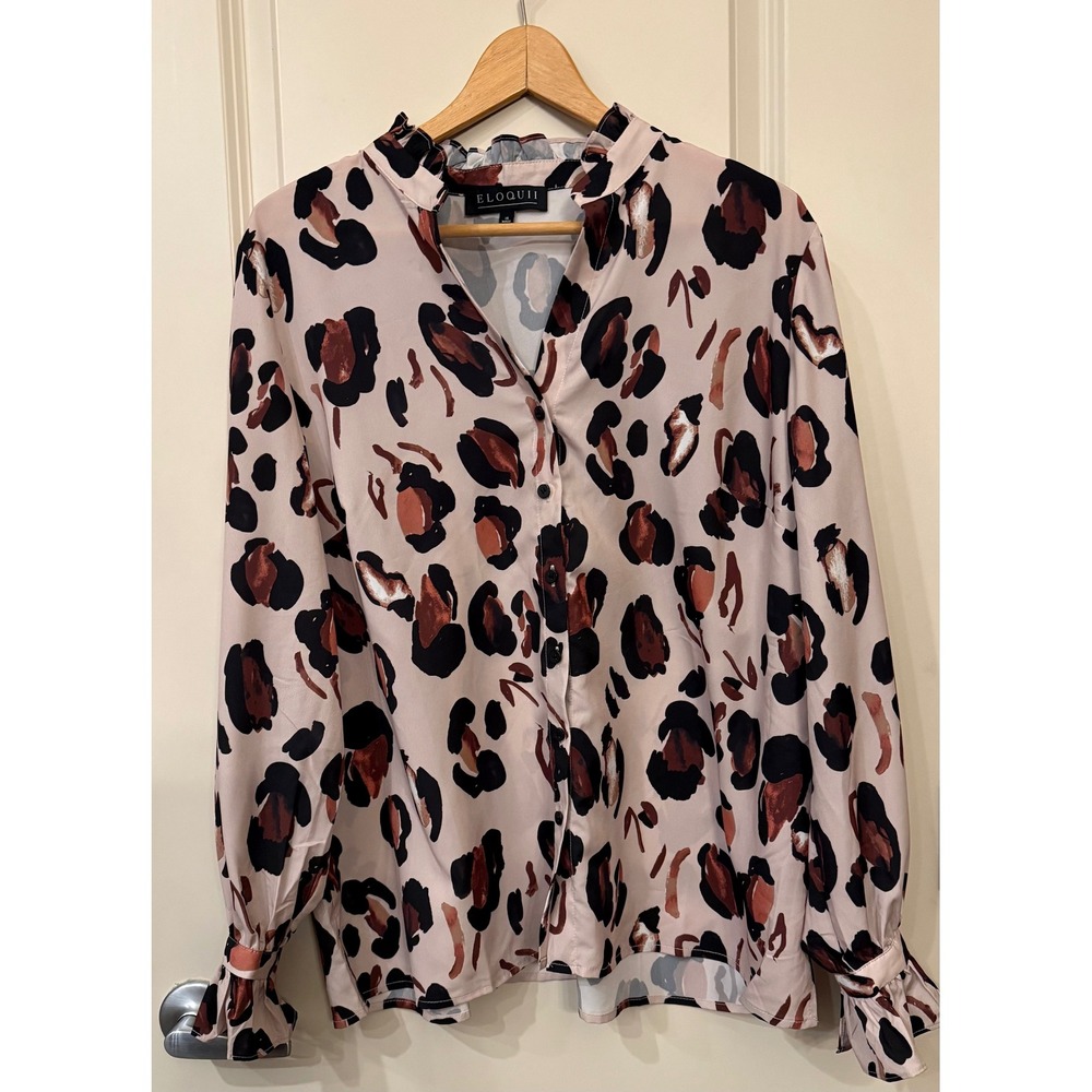 Eloquii Women's Leopard Print Ruffle Neck Button Down Blouse Plus Size 16 NWOT
